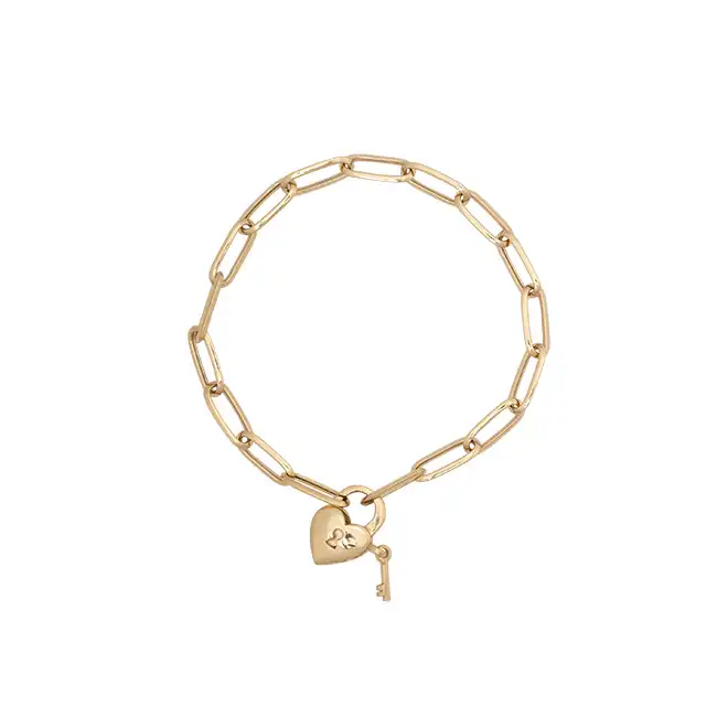 18k Gold Heart Lock Paperclip Chain Bracelet