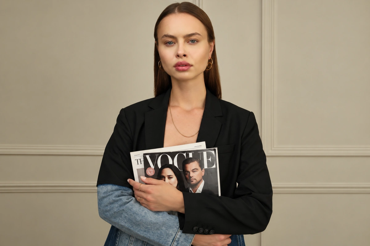 Model wearing gold hoop earrings with a black blazer