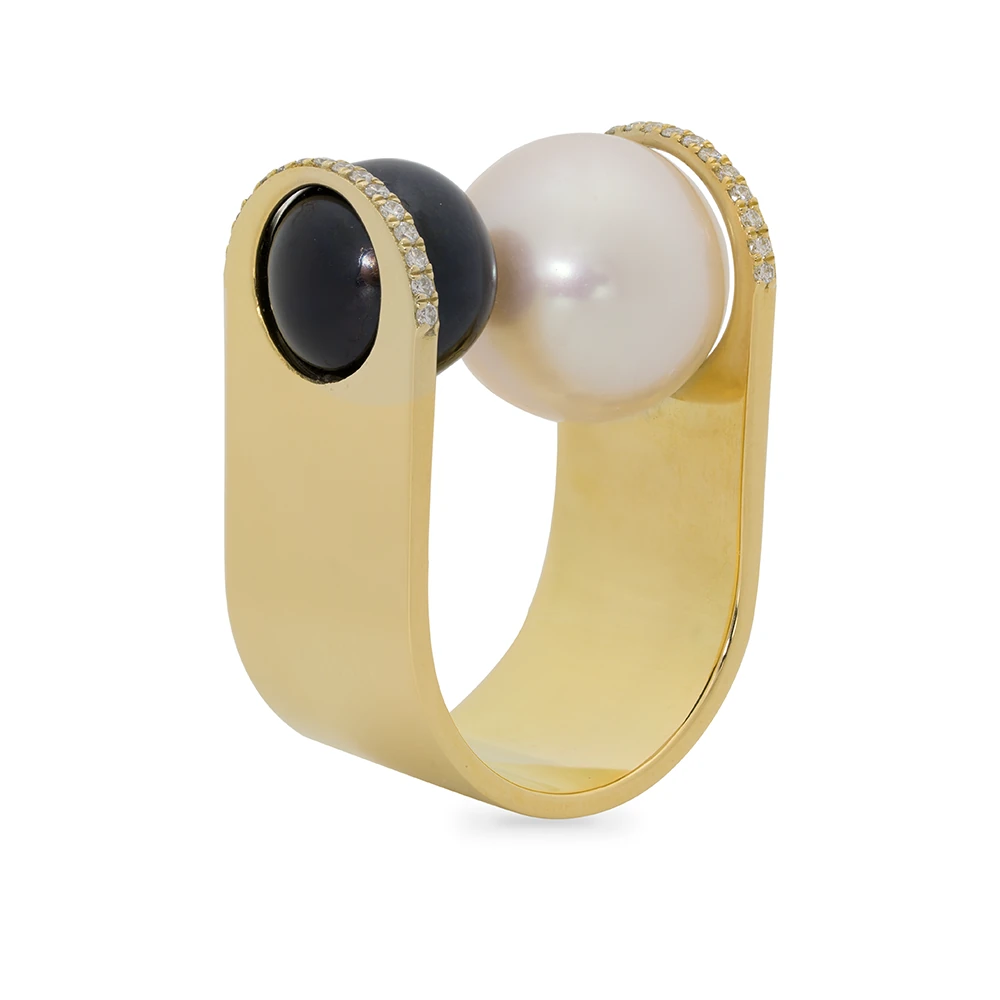 Falen Ring | 18k gold pearl and diamond ring, upright three-quarter view
